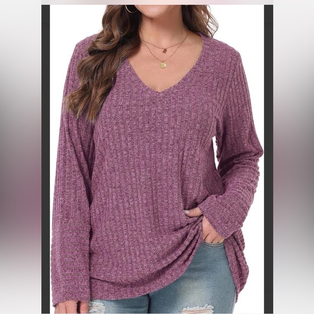 Belaroi plus size, ribbed V-neck, long-sleeve top in a mauve or purple-ish color
